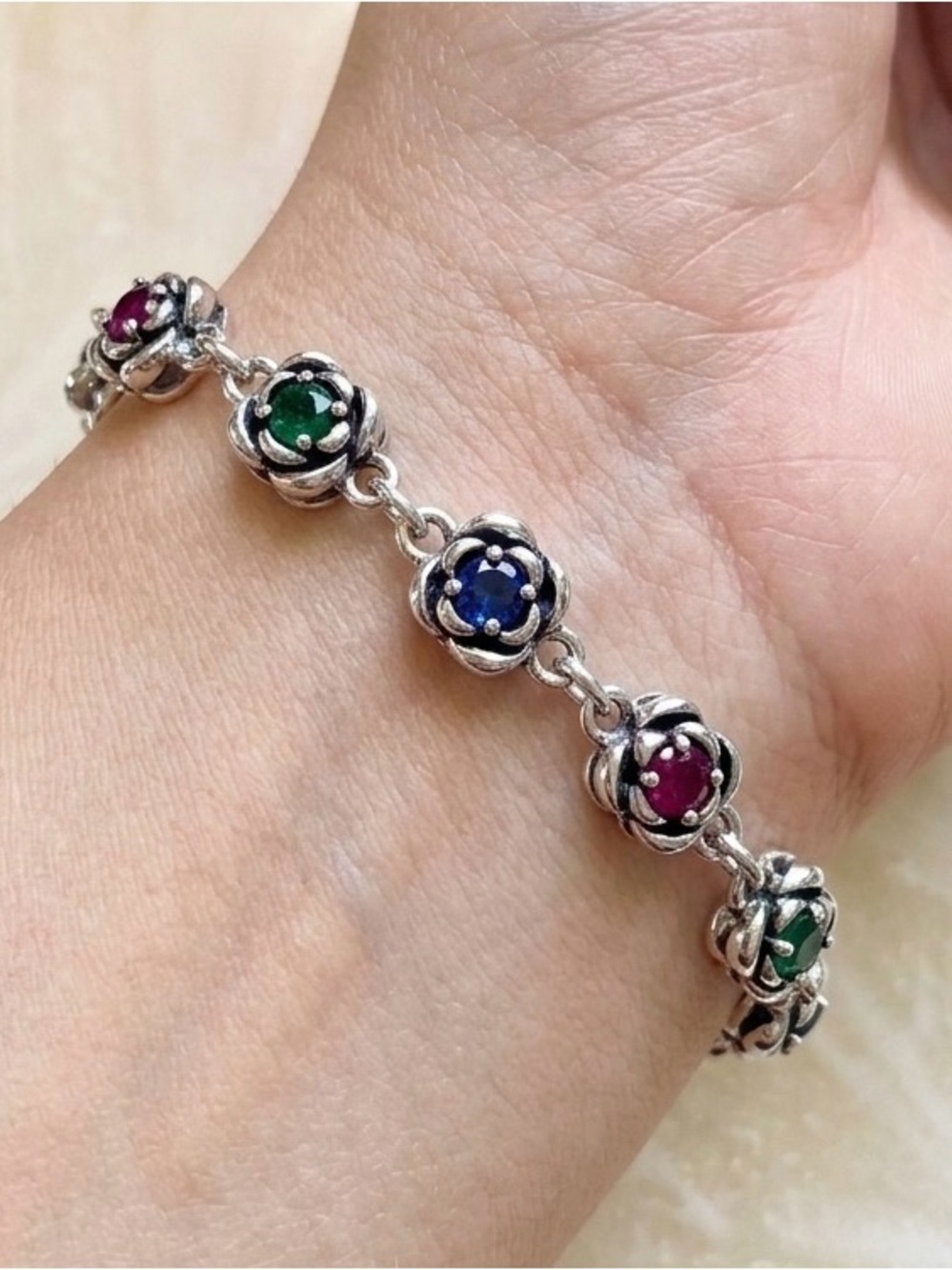 Sterling Silver Multicolor Flower Station Bracelet - Green Blue Purple Pink